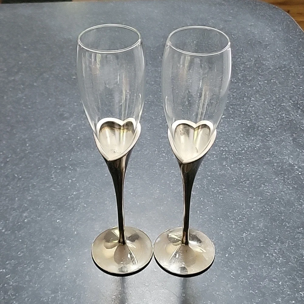 2 LENOX Crystal Champagne Flute Wedding Anniversary Silverplate Stems Heart Vtg